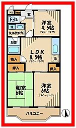 飛田給ハイツ 3階3LDKの間取り