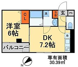 エクセレントコート津田沼 2階1LDKの間取り