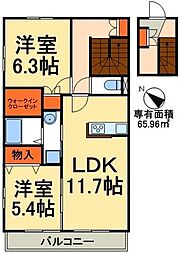 東武野田線 初石駅 徒歩9分の賃貸アパート 2階2LDKの間取り