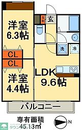 東武野田線 新鎌ケ谷駅 徒歩5分の賃貸マンション 5階2LDKの間取り