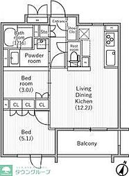 小田急小田原線 千歳船橋駅 徒歩8分の賃貸マンション 3階2LDKの間取り