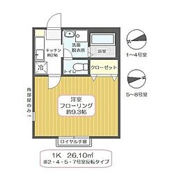 クレドールIII 2階1Kの間取り