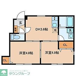 西武多摩川線 是政駅 徒歩9分の賃貸テラスハウス 1階2DKの間取り