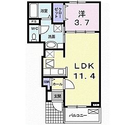 オークパレスII 1階1LDKの間取り