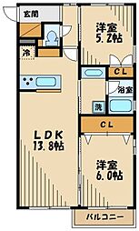 プレミアムコート分倍河原 2階2LDKの間取り