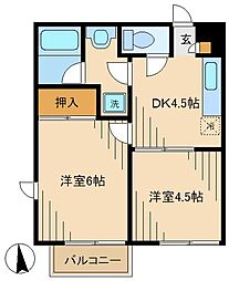 クレール桜ヶ丘 1階2DKの間取り