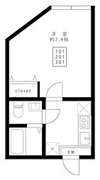 ブルームテラス 1階1Kの間取り