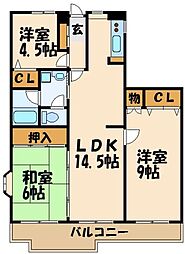 京王相模原線 稲城駅 徒歩15分の賃貸マンション 3階3LDKの間取り