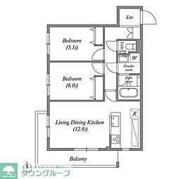 JR中央線 武蔵小金井駅 徒歩9分の賃貸マンション 3階2LDKの間取り