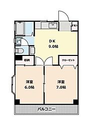 小田急小田原線 狛江駅 徒歩19分の賃貸マンション 3階2DKの間取り