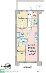 JR中央線 武蔵境駅 徒歩4分の賃貸マンション 2階2LDKの間取り