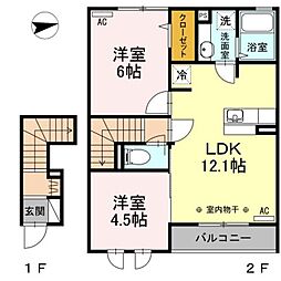 西武多摩川線 白糸台駅 徒歩7分の賃貸アパート 2階2LDKの間取り