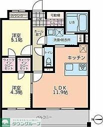 小田急小田原線 成城学園前駅 徒歩20分の賃貸マンション 2階2LDKの間取り