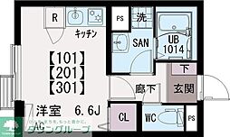 京王線 東府中駅 徒歩3分の賃貸マンション 2階ワンルームの間取り
