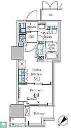 都営大江戸線 勝どき駅 徒歩12分の賃貸マンション 13階1DKの間取り