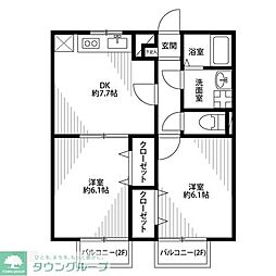 アムール HAPPINESS 2階2DKの間取り