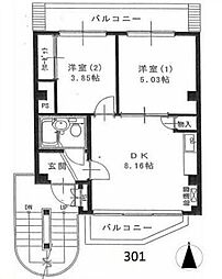 エムアッシュIII 3階2DKの間取り