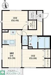 フィカーサ西東京Ａ棟 1階2DKの間取り