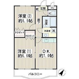 クレール平安 3階2DKの間取り