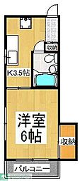 西武新宿線 久米川駅 徒歩3分の賃貸マンション 2階1Kの間取り