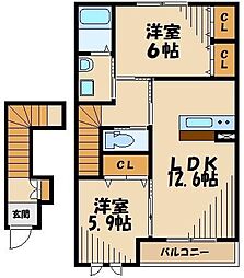 JR八高線 東飯能駅 徒歩14分の賃貸アパート 2階2LDKの間取り
