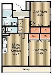 グランドプラム岡本 1階2DKの間取り