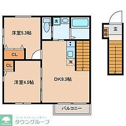西武多摩川線 是政駅 徒歩11分の賃貸テラスハウス 2階2DKの間取り