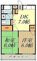 JR中央線 西国分寺駅 徒歩7分の賃貸マンション 3階2DKの間取り