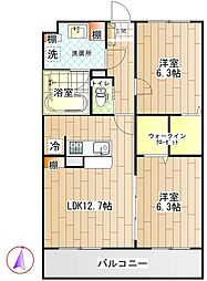 JR身延線 国母駅 徒歩30分の賃貸マンション 3階2LDKの間取り