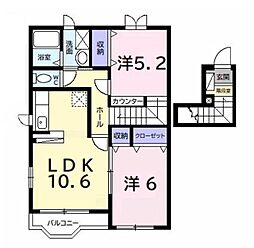 JR外房線 茂原駅 バス5分 茂原高校入口下車 徒歩10分の賃貸アパート 2階2LDKの間取り