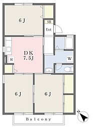 クレインヒルズＢ 2階3DKの間取り