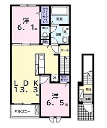 JR内房線 木更津駅 バス6分 中里下車 徒歩5分の賃貸アパート 2階2LDKの間取り