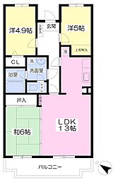京成松戸線 薬園台駅 徒歩6分の賃貸マンション 3階3LDKの間取り