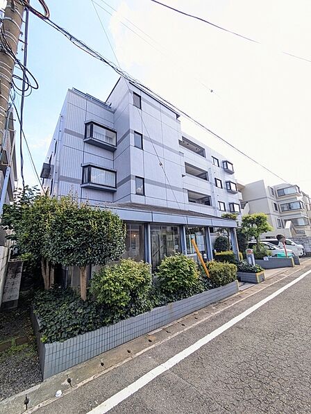 落ち着いた住宅街に佇むマンション。植栽が配された、穏やかな雰囲気のエントランスまわりです。