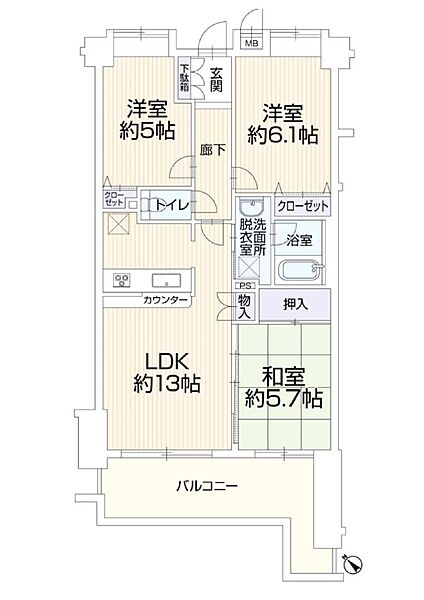 LDK13帖の広々とした3LDKプラン。各洋室・和室に独立性を持たせ、多彩な収納配置で住空間をすっきり保てます。水回りが中央に集約された家事動線の良さと、広いバルコニーが魅力の住まいです。