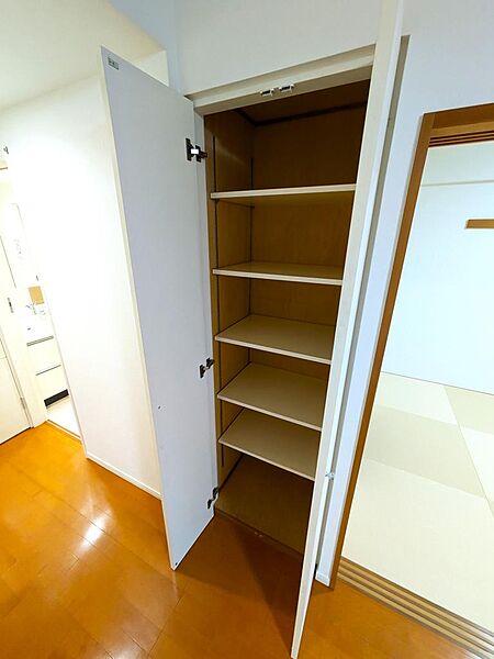 【LDK収納】リビング内に便利な可動棚付きの物入を完備。日用品のストックや掃除用具、家族共通の書類などをすっきりと目隠し収納できます。棚板の高さを変えられるため、背の高い荷物の保管にも便利です。