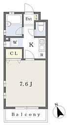 パピヨン北野 1Kの間取図画像