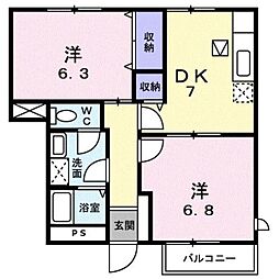 メルベーユ参番館 2DKの間取図画像