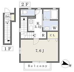 ルミエールII 2階1Kの間取り