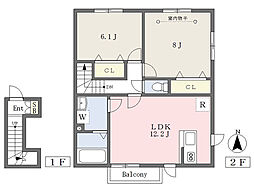 ジュネスコート太子堂II 2階2LDKの間取り