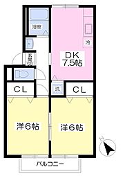 トゥインクルアイII 2階2DKの間取り