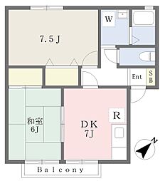 パルシティＦ 1階2DKの間取り