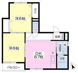 プルミエールI 3階2DKの間取り