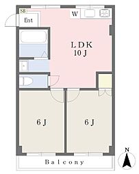 伊予鉄道市駅線 勝山町駅 徒歩10分の賃貸マンション 2階2LDKの間取り