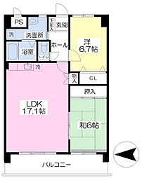 伊予鉄道本町線 本町六丁目駅 徒歩22分の賃貸マンション 5階2LDKの間取り