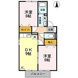 伊予鉄道高浜線 山西駅 徒歩2分の賃貸アパート 2階2DKの間取り