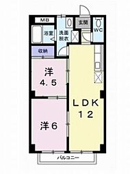 伊予鉄道郡中線 土橋駅 徒歩16分の賃貸アパート 2階2LDKの間取り