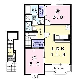 JR豊肥本線 光の森駅 バス8分 花立下車 徒歩3分の賃貸アパート 2階2LDKの間取り