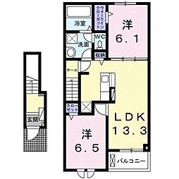 熊本市電A系統 健軍町駅 バス35分 スポーツセンター入口下車 徒歩8分の賃貸アパート 2階2LDKの間取り