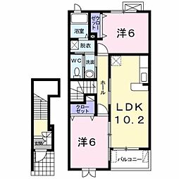 熊本市電A系統 健軍町駅 バス10分 中惣領下車 徒歩9分の賃貸アパート 2階2LDKの間取り